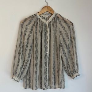 Lucky Brand Cream Gray Blouse Geo Stripe Poet Top Natural Cream Gray XS X-Small